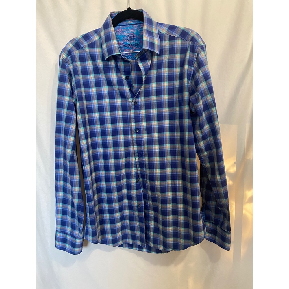 Bugatchi Uomo Mens Blue Plaid Shaped Fit LS Button Down Shirt AS3575L14S